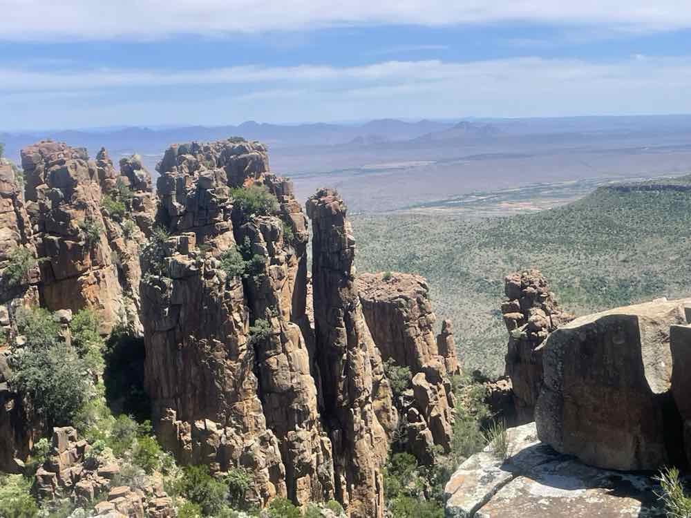The towering dolerite columns of the Valley of Desolation above the Camdeboo plains.